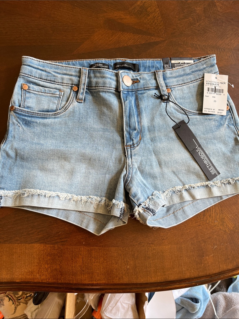 Seethrusoul Light Wash Denim Cutoff Shorts with Frayed Hem